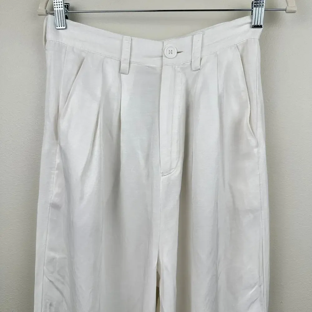 Anine Bing Carla Pants Wide Leg High Rise Trousers Linen Blend White S Luxury